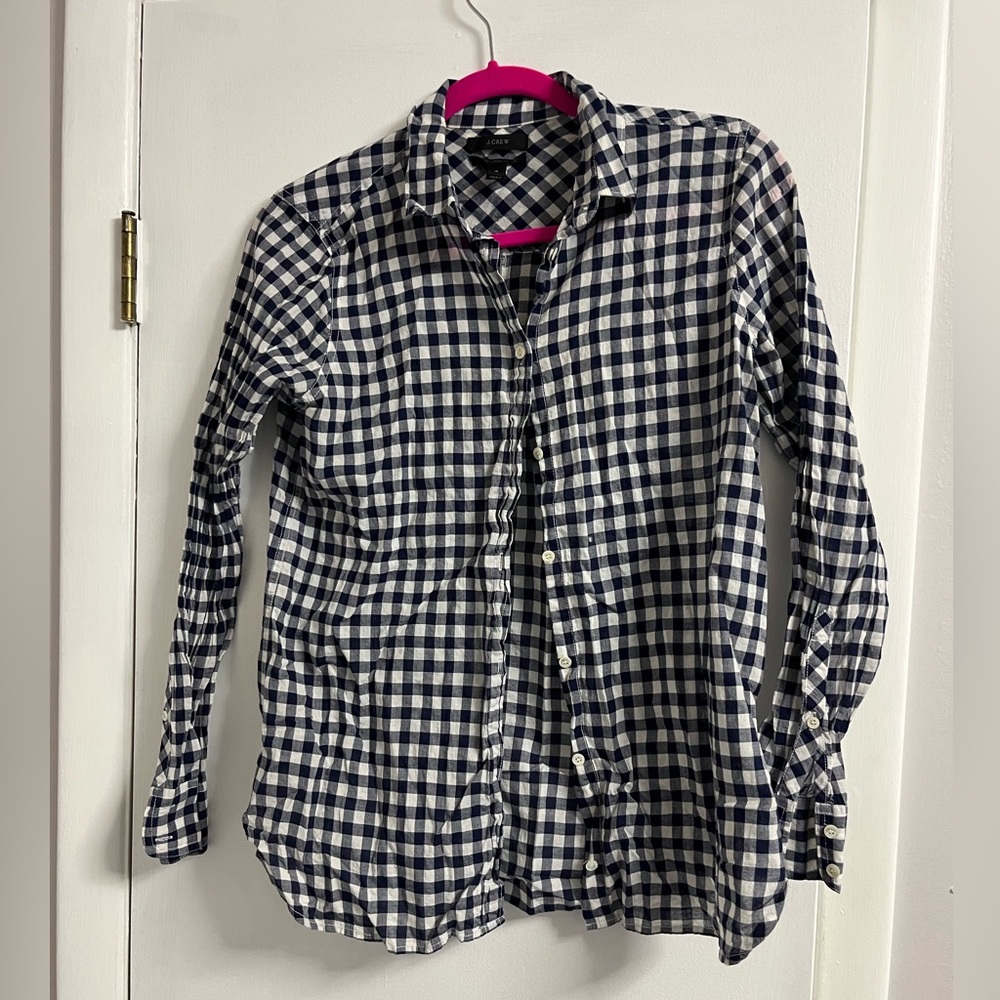 J. Crew Blue and White Checkered “Boy” women’s Button-Down Shirt